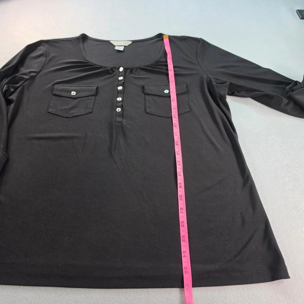 Christopher & Banks Womens XL Black 3/4 Roll Tab Sleeve Henley Blouse Knit Top